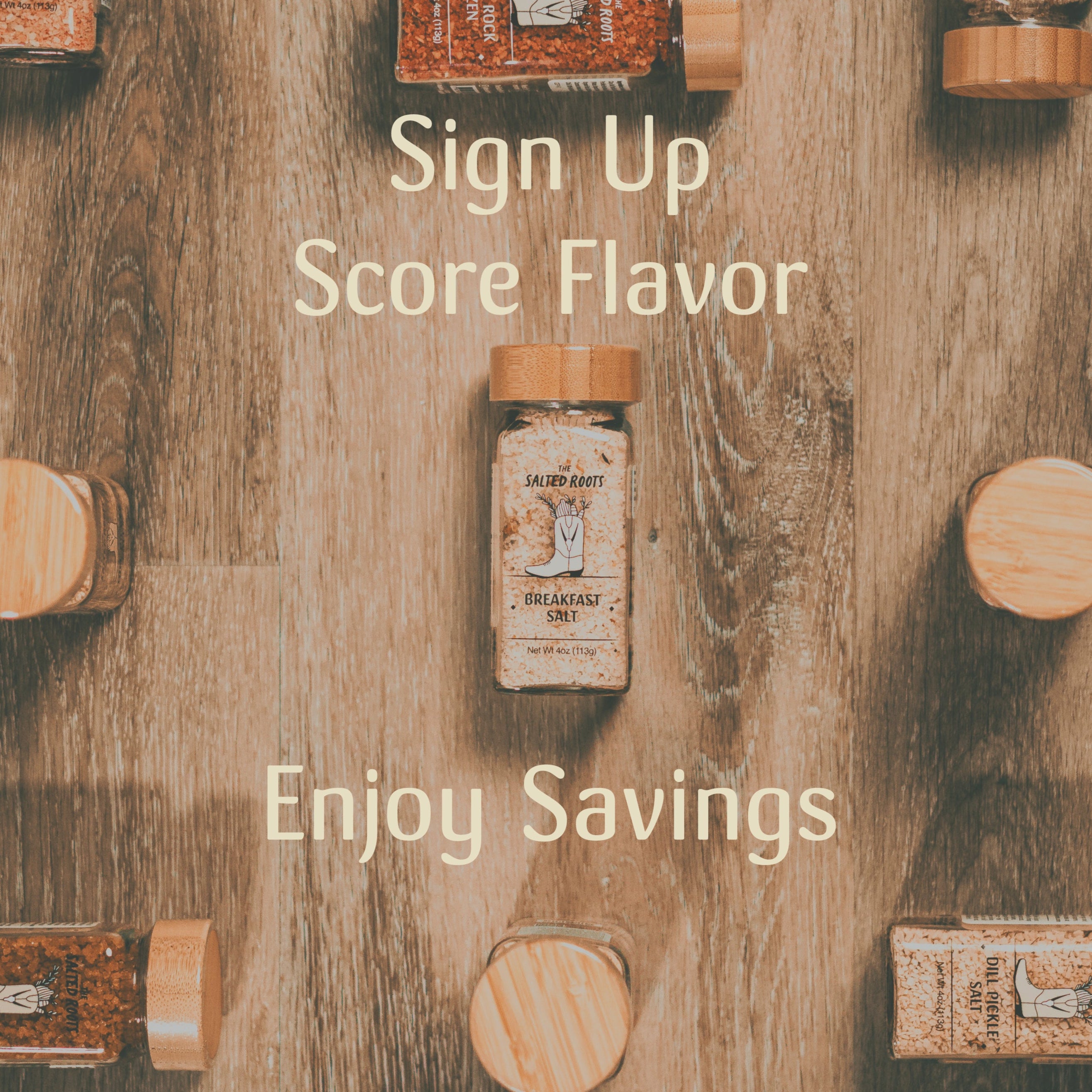 Small bottles arranged on a wooden surface with promotional text overlay.