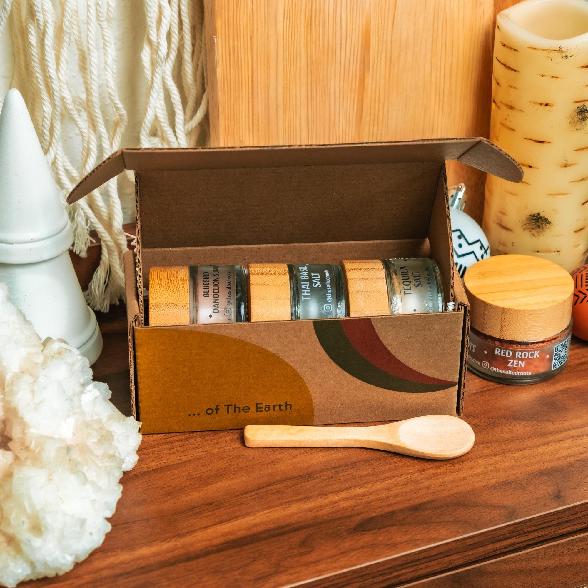 Wooden box with natural products on a wooden surface